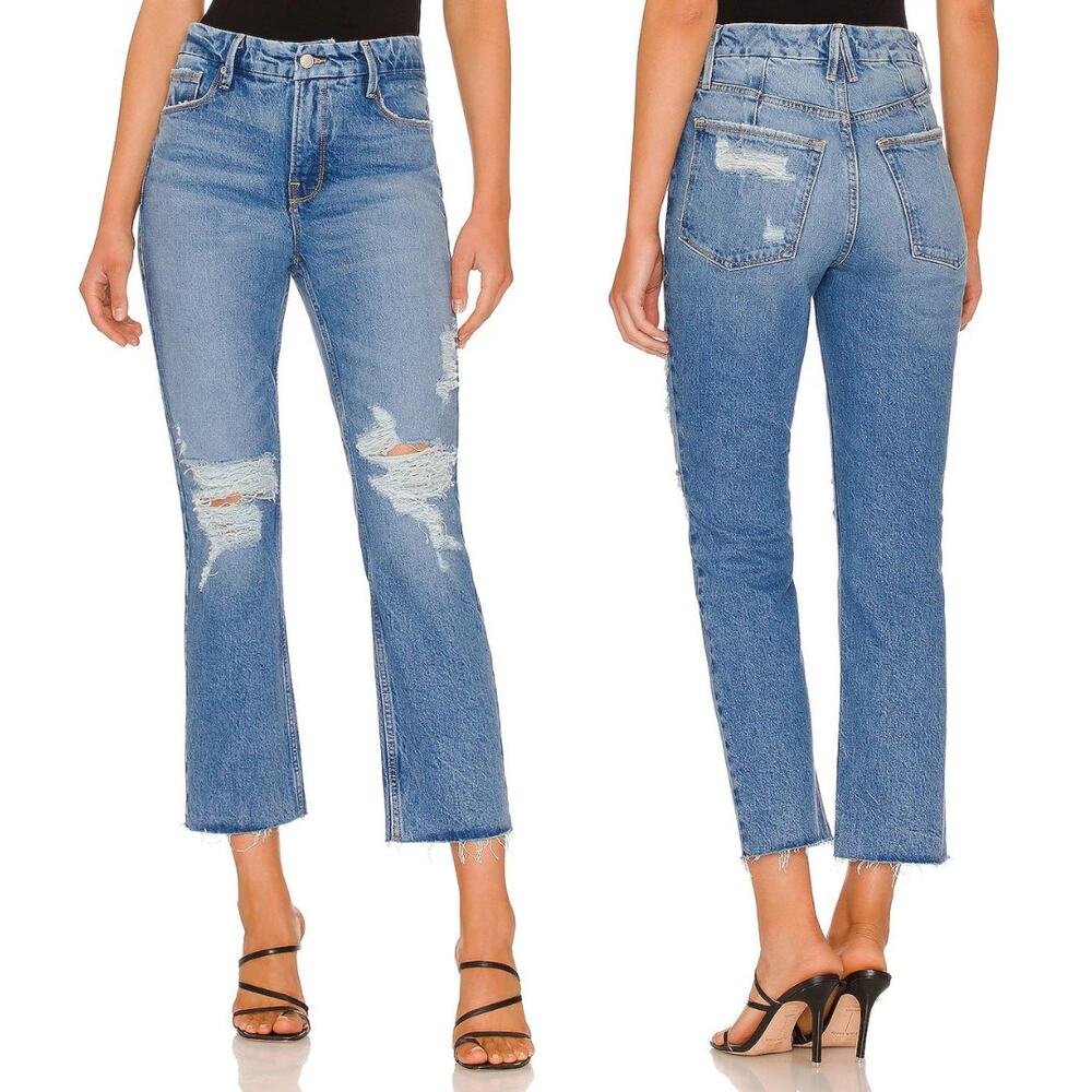 Good American NEW Good Icon Crop With Festival Rips Light Wash Distressed Jeans